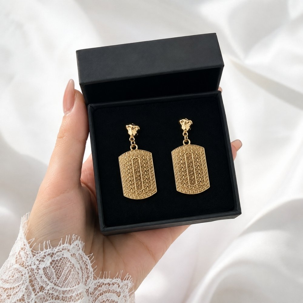 Stainless Steel Gold Color Brand Inspired Drop Earrings - Image 2